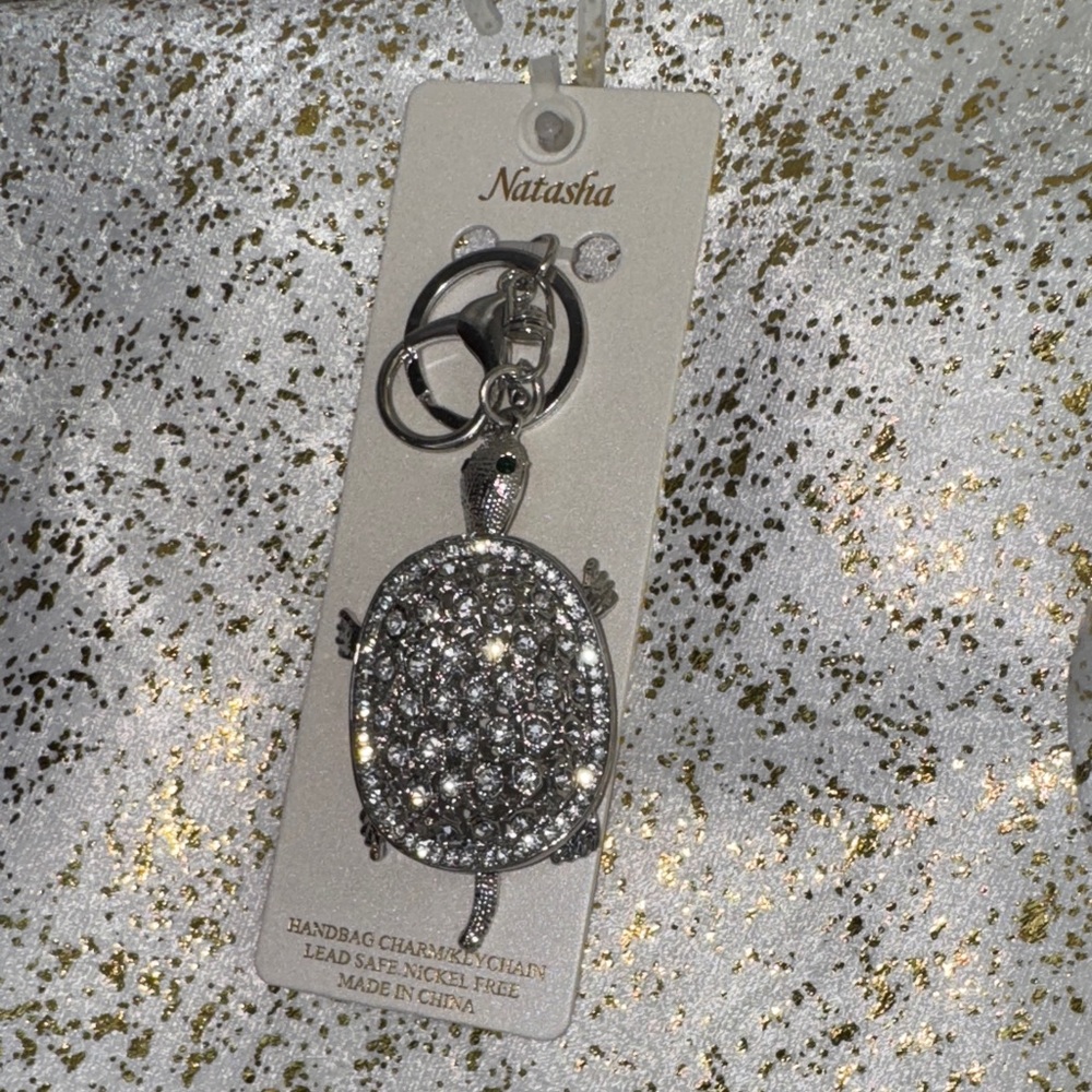 Natasha Couture Silver Crystal Turtle w/ Green Eyes Keychain